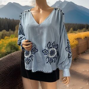 Zara Womens Top Blouse Linen Size M Boho Embroidered Balloon Sleeves